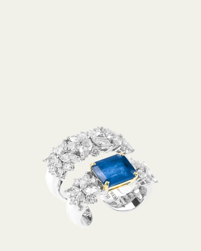 18K Yellow and White Gold Ring with Diamonds and Blue Sapphire